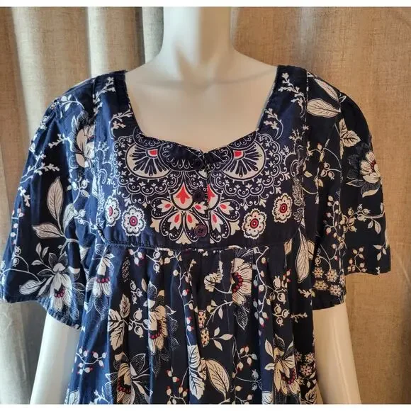 Only Necessities Women's 4X Bib Front Blue Floral Lounge Dress Nightgown Pockets - Picture 2 of 7